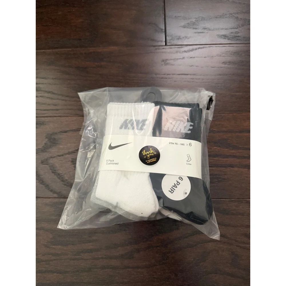 Nike Kids 6 Pack Cushioned Crew Socks Black White Grey BN0509-042 Size 7C-10C